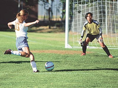 Les Stukenberg/The Daily Courier, file<br>
Chino Valley’s Cammy ten Berge takes a shot on goal as the Chino Valley High School’s girls soccer team played Arizona College Prep at Chino Valley on Sept. 23, 2014.