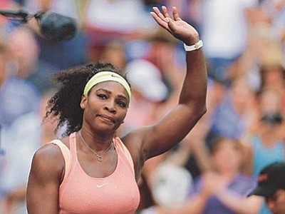 Charles Krupa/The AP<br>
Serena Williams of the United States waves to fans after winning her match with Madison Keys of the United States, during the fourth round of the U.S. Open tennis tournament, Sunday, Sept. 6, in New York.