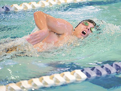 Matt Hinshaw/The Daily Courier, file<br>
Jaxton Peterson, above, competes in the 200M freestyle against Goldwater High School on Sept. 3 at the Prescott YMCA, while Raphael Temple swims in the 200M medley relay, also against Goldwater High. The pair were the top finishers for Prescott High this week.