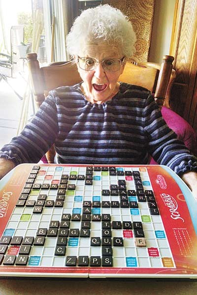 Courtesy photo<br>
Mary Garrity reacts after beating her grandaughter in Scrabble in August. Garrity has another reason to celebrate as she turns 100 on Tuesday, Oct. 6.