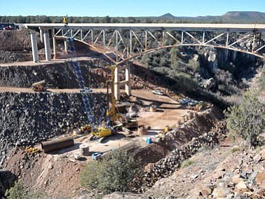 Work on a new bridge at Hell Canyon, along Highway 89, continues. (Matt Hinshaw/The Daily Courier)