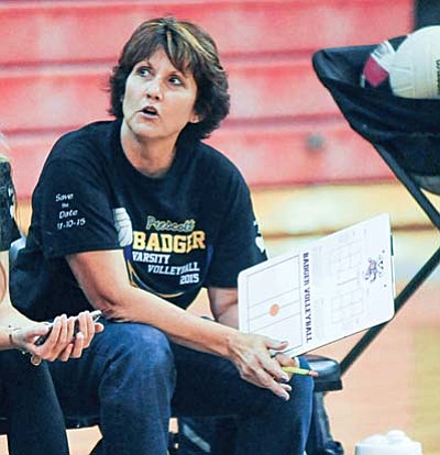 Les Stukenberg/The Daily Courier, file<br>
Prescott High School volleyball head coach Shellie Bowman, shown during a scrimmage between Bradshaw Mountain and Prescott in August 2015,  announced she is resigning her position to spend more time with her family.