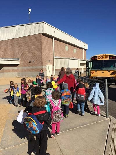 Chino Valley Unified School Distrtict kindergartners wait to board their buses.<br /><br /><!-- 1upcrlf2 -->(Courtesy photo)