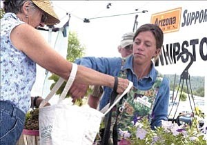 Shanti Leinow, with Whipstone Farm in Paulden, places Japanese salad turnips into Iris Wolfe’s shopping bag Saturday morning at the Farmers Market in the parking lot of Yavapai College’s Prescott Campus.
