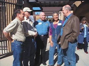 Officials from both sides of Mingus Mountain speak at Verde River Basin Partnership Forum Saturday. Pictured are, left to right, Prescott City Council Member Bob Roecker, Clarkdale Mayor Doug Von Gausig, Camp Verde Mayor Tony Gioia, Jerome Mayor Jane Moore and Arizona Rep. Tom O¹Halleran.