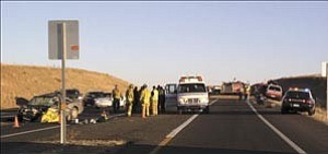 Courtesy photo
A Prescott Valley woman who was driving the vehicle on the left died Wednesday morning when her vehicle struck two dump trucks on Fain Road.