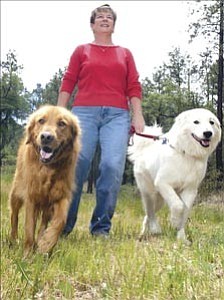 Courier/Nathaniel Kastelic
Mary Anne Kapp, professional development coordinator with the Prescott Unified School District, prepares for retirement and the time she will have to spend doing the activities she loves such as hiking with her pups Marty, left, and Shiloh, gardening, camping and just relaxing after 30 years with the Prescott Unified School District.