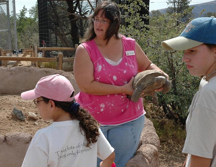 Zookeeper Linda Najera holds a desert tortoise while the kids feed, water, and clean its pen.