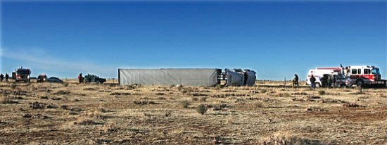 Courtesy
Central Yavapai Fire District and Prescott Valley Police Department arrived on the scene to investigate a semi-truck and trailer laying on its side along Valley Road in Prescott Valley Thursday afternoon.