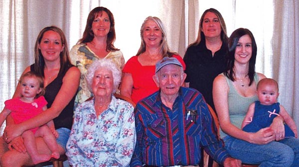 Courtesy<BR>
Pictured are Alice and Roy Welch, center, both 92 years old, great-granddaughter Caydence with great-granddaughter Latasha Thomsen; granddaughter Cindy Simpson; daughter Paula Wesson; granddaughter Tracy McManus; and great-granddaughter Makayla Reardon with great-great-granddaughter Audrey. Roy and Alice met on Gurley Street in front of the Elks theater in January 1934 and will celebrate their 74th wedding anniversary on Sept. 2. Alice celebrated her 92nd birthday on June 17.