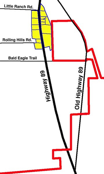The Daily Courier<p>
The proposed Gurko Annexation north of Chino Valley includes about 85 acres of property, marked in yellow, on both the east and west sides of North Highway 89. The red line shows the town’s current boundary, which is contiguous with the annexation parcels on the east side of the highway.
