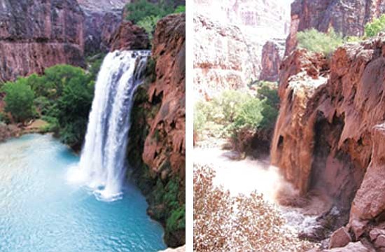 Jay Hernandez/Courtesy<p>
The before-and-after images of the Grand Canyon’s Havasu Falls were among the views a group of local hikers took in over the weekend, when they were among hundreds of campers that a flash flood stranded.

