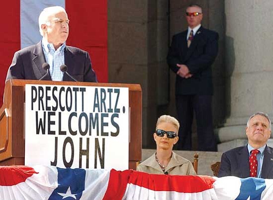 Matt Hinshaw/The Daily Courier<p>
John McCain, seen here at the Yavapai County Courthouse April 5, will return to Prescott tomorrow for a midnight speech.


