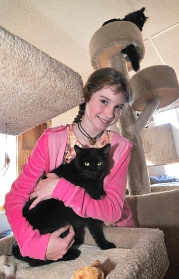 Les Stukenberg/The Daily Courier<p>
Veronica Norkus, a student at the Primavera School in Prescott, asked friends who attended her birthday party to forego a gift and instead bring a donation for charity. Veronica and her friends donated a total of $250 in cash and gift cards to Miss Kitty’s Cat House.