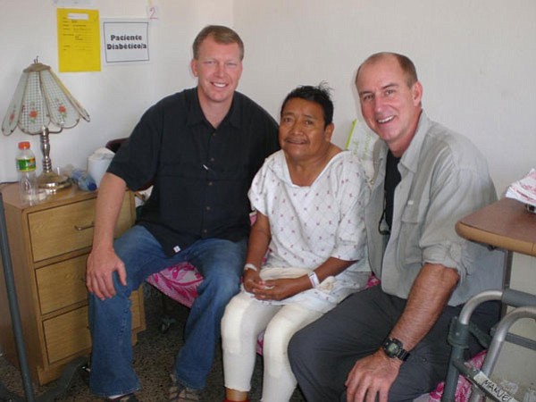 Courtesy photo<br>
Dr. Bertrand Kaper, left, 54-year-old Guatemalan patient Manuel, and Dr. Richard Collison two days after the doctors operated on Manuel to replace both of his knees. During a previous trip, doctors had replaced both of his hips. Manuel had suffered from severe arthritis for more than 20 years but is now walking without pain.