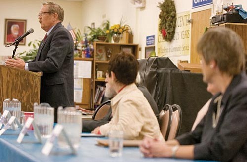 Matt Hinshaw/The Daily Courier<p>
Prescott Valley Mayor Harvey Skoog answers a question from the audience at a candidates forum for Mayor and City Council Tuesday night at the Central Arizona Seniors Association Senior Center in Prescott Valley.
