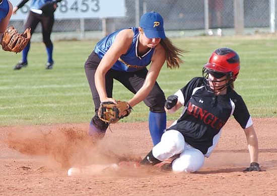 Wendy Phillippe/Courtesy<br>
Shortstop Carli Schiller, left puts the tag on Kelsey Wokasch who tried to steal second in the third inning Friday in Cottonwood.