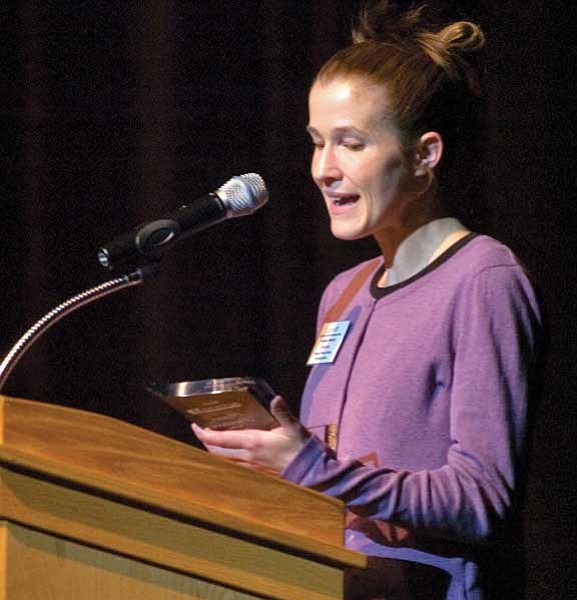 Matt Hinshaw/The Daily Courier<br>
Amadee Ricketts of the Prescott Public Library gives her acceptance speech for the Series of the Year Award Saturday night during the 2009 Access 13 Awards Show at the Yavapai College Performance Hall.