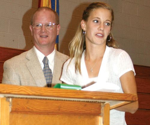Salina Sialega/Courtesy photo<p>
Chino Valley High School graduating senior Karissa Stueven accepts awards for Language Arts Student of the Year and Social Studies Student of the Year as principal Jeff St. Clair looks on. Karissa also made the superintendent's list for a 4.0 GPA for the first, second, and third quarters of the school year. 

