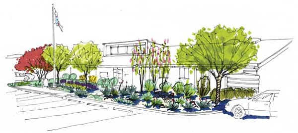 T. Barnabas Kane & Associates/Courtesy image
The two plum trees, at the far left, are all that will remain in the proposed water resource education and awareness demonstration project in front of the Chino Valley Town Hall. This architect's rendering shows what the project will look like when complete. The three other trees and the sod will be removed and replanted elsewhere.