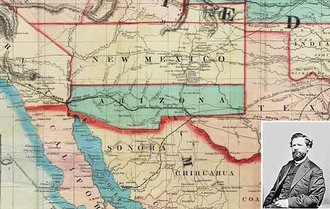 Courtesy
This Butterfield map of 1859 shows the Arizona region as part of New Mexico Territory (est. 1850). Inset is Charles Poston, who worked tirelessly to gain territorial status for Arizona, granted in 1863 with current boundaries set. 


