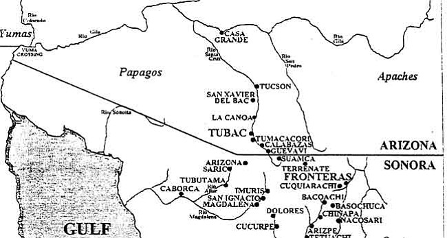 







Courtesy
This 18th century northwestern New Spain map shows settlements, missions and presidios (with Arizona/Sonora boundary drawn in as located today). The name "Arizona" was first known in 1734-36 at a rancheria owned by Bernardo de Urrea in Sonora, just south of today's border.







Courtesy
This 18th century northwestern New Spain map shows settlements, missions and presidios (with Arizona/Sonora boundary drawn in as located today). The name "Arizona" was first known in 1734-36 at a rancheria owned by Bernardo de Urrea in Sonora, just south of today's border.


