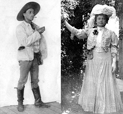Sharlot Hall Museum/Courtesy photos<br>
Charles Lummis wears his daily “uniform” of a green corduroy jacket, red double-wrapped Navajo belt (complete with gun), sombrero and a cigar. At right is Sharlot Hall, lady of ladies, whom we honor today at the museum that bears her name.  Both photos date back to the early 1900s.