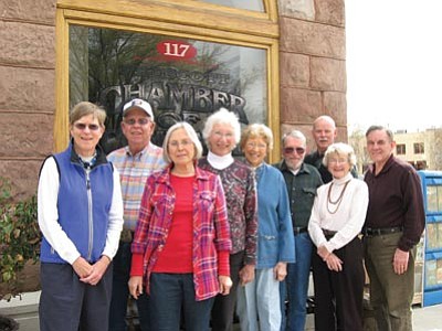 Courtesy photo<br>
Nine volunteers are trailblazing as guides for the 2011 walking tours sponsored by the Prescott Chamber of Commerce in the vicinity of the Courthouse Plaza. Look for one of the following volunteers (from left to right) to guide your 10 a.m. tour: Laura Zambrano, Ron Mayes, Katherine Conroy, Lucy Hanson, Jerry Olson, Ken Edwards (coordinator), Mike King, Evelyn Edwards (coordinator) and Norm Delucchi.
