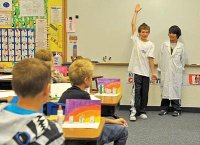 Matt Hinshaw/The Daily Courier<br /><br /><!-- 1upcrlf2 -->Joshua Soule, 10, and Mario Hogue, 10, recite and perform their skit of Shel Silverstein’s poem “The Crocodile’s Toothache” Friday morning for fellow students in fourth-grade teacher Dee Yeager’s class at Abia Judd Elementary School.<br /><br /><!-- 1upcrlf2 -->