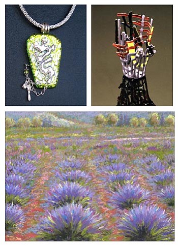 Courtesy photos<br>
Top left, a glass pendant by Cindi Shaffer; above right, glass artwork by Patty Lindsey; and 
bottom left, a pastel 
by Yvonne Holland. 

