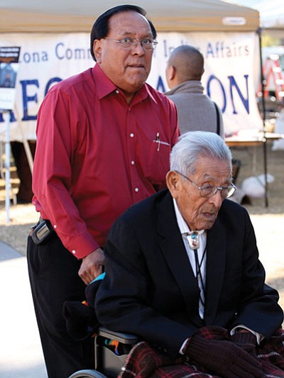 Arthur Hubbard Sr. (in wheelchair), a Navajo former state senator, attends a news conference at which lawmakers discussed plans to honor Native Americans who have served in the Arizona State Legislature. Photo/Beth Easterbrook<br /><br /><!-- 1upcrlf2 -->