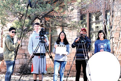 Videography I film class take time to set up for a shot. From left: John Morfin, Tyler Jones, Traci Curley, Julian Cly and Ellie Perkins not pictured Jorge Valerio Del Villar. Loretta Yerian/WGCN