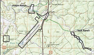 Map of the Tusayan road easement application showing Ten X and Kotzin Ranch properties Photo/Stilo Development U.S.