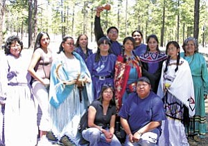 The Hualapai Ethnobotany Project students and staff: Lucille Watahomigie, Phyna Cook, Adina Hunter, Carrie Cannon, Cheyenne Majesty, Dennis Sullivan, Christina Watahomigie, Frank Mapatis, Veronica Lewis, Amy Vaughn, Malinda Powskey, Nikki Poleahla and Colleen Mack. Other staff and students involved but not present in the photo include Delores Honga, Vera Watahoname, Cheryle Beecher, Andrea Zephier, Georgetta Russel, Consuela Bravo and Majenta Powskey.
