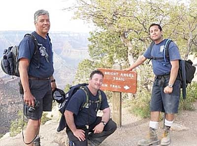 Submitted photo<b><br /><br /><!-- 1upcrlf2 -->Pictured are Robert Meza, Lawrence Barela and Michael Vessey as they ascend Bright Angel Trail at the conclusion of their recent 18-mile hike.