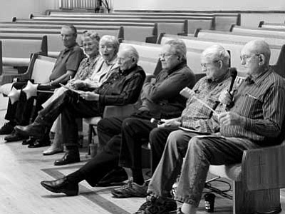 Courtesy photo<br>
Old Guyz Rule2, an interview with seven of the old Prescott historians, includes, from left: Rick Looney,  Joanne Kuhne Looney,  Yvonne Morgan,  Wally Warren, Joe NcNally, John Olsen, and Cal Cordes.