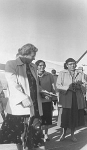 <i>Photo  courtesy of Harry Lomahoma</i>
<b>Ivy Norton (middle) and Minnie Lomahoma (right) were pictured with an unknown woman during one of the first flights of Frontier Airlines in Winslow.</b>