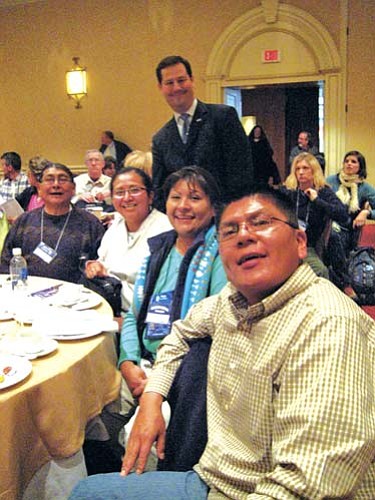 <i>Photo by Stan Bindell/NHO</i><br>
Will Davis (center, standing), director of the Washington D.C. office for the U.N. poses with (from left) Hopi Jr. High Principal Albert Sinquah, teachers Anjeannette Sangster and Lucille Sidney, and chaperone Paul Sidney.