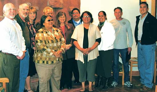 <i>Courtesy photo</i><br>
Pictured from left to right are: Doug Bartosh, Cottonwood City Manager; Clarkdale Mayor Doug Von Gausig; Gayle Mabery, Clarkdale Town Manager; Tribal Council Members Roberta Quail and Robert Jackson; Cottonwood Mayor Diane Joens; Chairman Thomas Beauty; Tribal Council Members Nancy Guzman and Cora-Lei Marquez; Yavapai County Supervisor Chip Davis and Tribal Council Member Jon Huey.
