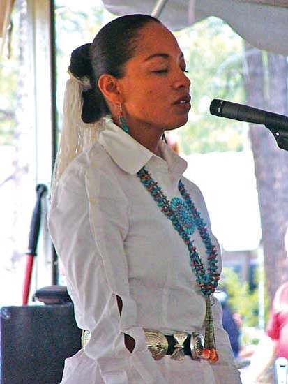 <i>S.J. Wilson/NHO</i><br>
Always a crowd pleaser, former Miss Navajo Nation Radmilla Cody closes her eyes as she sings "Tears," a song highlighting the pain of domestic abuse.