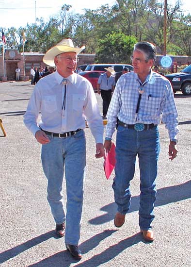 Interior Secretary Ken Salazar and President Shirley walk to a press conference last Thursday.