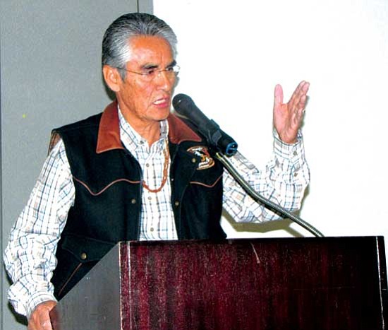 <i>Anton Wero/NHO</i><br>
Navajo Nation President Joe Shirley Jr. gestures while giving a keynote address at the Navajo Area Agency on Aging's (NAAA) Conference on Aging, held Sept 21 - 23, in Farmington, N.M.