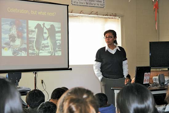 <i>Photo by Vernon L. Davis</i><br>
Dr. Vanessa Jensen of Grey Mountain speaks to students at Tuba City Boarding School about her upbringing, education and personal experiences as a surgeon at Tuba City Regional Health Care Corporation.