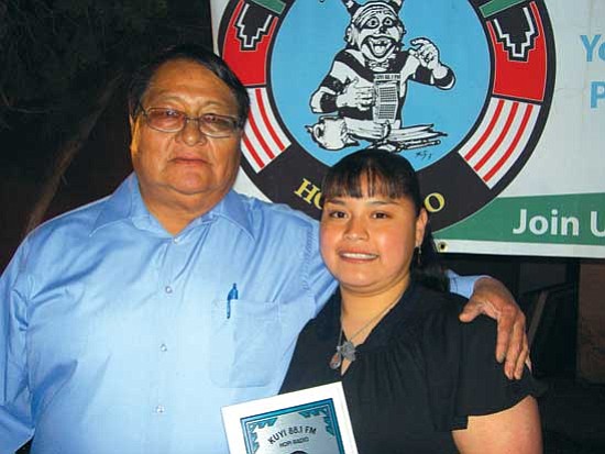 <i>Photo by Davis Maho</i><br>
Best Female Artist Sheree Lomatewaima poses with KUYI DJ Randall Mahle at the first annual KUYI Listener Choice Award celebration held March 12 at the Hopi Cultural Center.