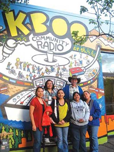 <i>Stan Bindell/NHO</i><br>
Hopi High students stand in front of the colorful mural at KBOO radio station. From left are (top row): Gerri Sehongva and radio/journalism teacher Stan Bindell; (bottom row) chaperone Carrie Joseph, Rebecca Talayumptewa, LeAnna "LeLe" Leyva and Patrese "Tree" Honie.