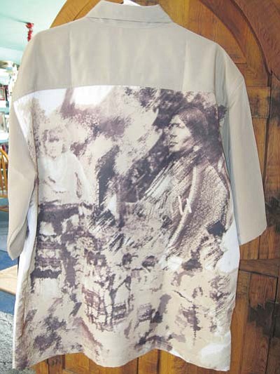 An example of Wendell Sakiestewa’s “plastisol” screen-printed shirts featuring historic Hopi photographs printed directly onto the clothing. Due to the unique process, the images will not fade. Sakiestewa’s clothing line WEN*SAKS is based out of Los Angeles, Calif.