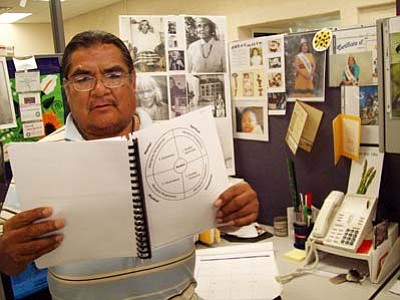 <i>Tyler Tawahongva/NHO</i><br>
Donald Dawahongnewa, who works with the Hopi Cultural Preservation Office, has made it his mission in life to preserve Hopi language and culture. He frequently makes presentations throughout the Hopi Reservation on a number of Hopi topics.