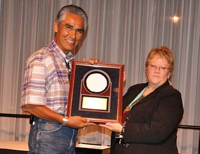 <i>Courtesy photo</i><br>
President Joe Shirley Jr. was presented with the “Chief of Chiefs Lifetime Achievement Award” from National Native American Law Enforcement Association Board President Kim Baglio at the Riviera Hotel in Las Vegas, Nev. on Sept. 16.