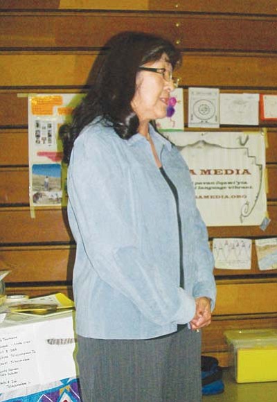 <i>Tyler Tawahongva/NHO</i><br>
Debbie Onsae, a Hopi language teacher in the Flagstaff Unified School District, speaks to Hopilavayi Forum attendees on Oct. 23.
