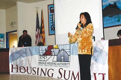 <i>Courtesy photo</i><br>
Aneva J. Yazzie CEO of NHA welcomes participants to the NHA’s Regional Housing Summit held at the Fort Defiance Chapter House on Dec 15-16.